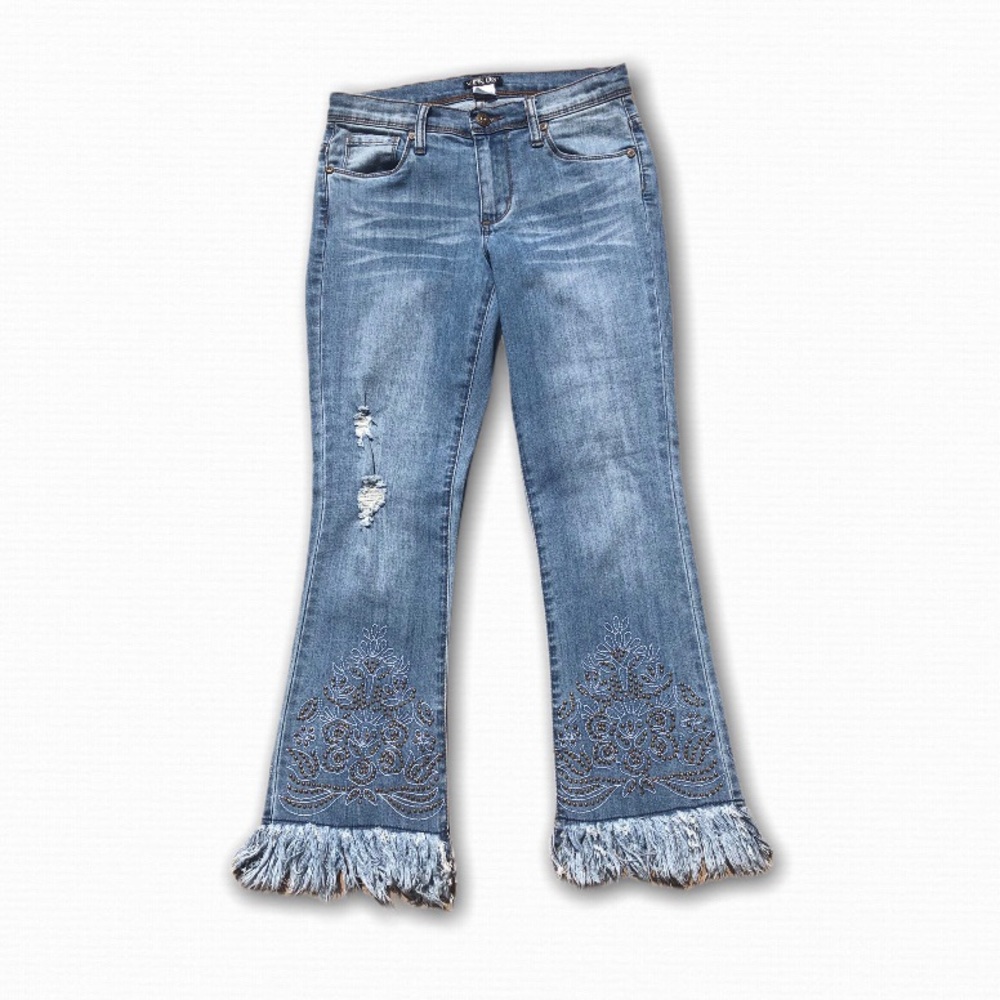 Venus Fringe Cropped Jeans Embroidered Beaded Detail Fringe Hem Distress Size 2